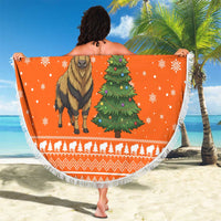 Bhutan Christmas Beach Blanket with Takin Santa Hat Christmas Tree and Snowflake Pattern in Orange - Wonder Print Shop
