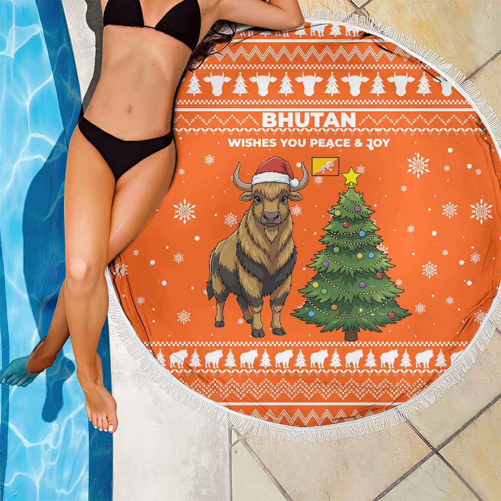 Bhutan Christmas Beach Blanket with Takin Santa Hat Christmas Tree and Snowflake Pattern in Orange - Wonder Print Shop