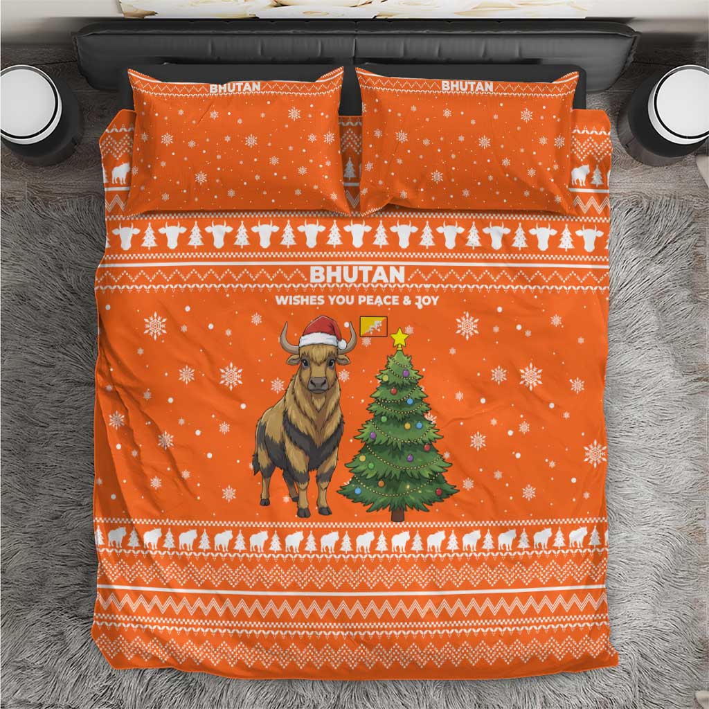 Bhutan Christmas Bedding Set with Takin Santa Hat Christmas Tree and Snowflake Pattern in Orange - Wonder Print Shop