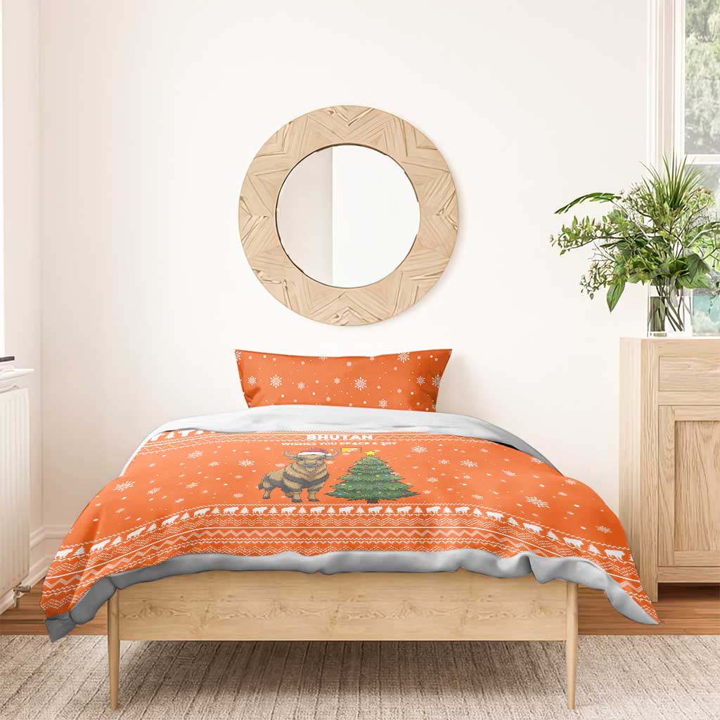 Bhutan Christmas Bedding Set with Takin Santa Hat Christmas Tree and Snowflake Pattern in Orange - Wonder Print Shop