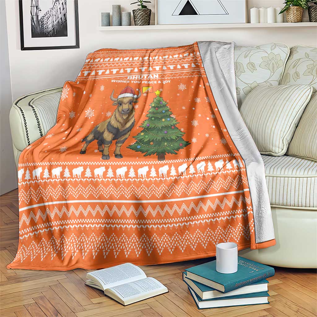 Bhutan Christmas Blanket with Takin Santa Hat Christmas Tree and Snowflake Pattern in Orange - Wonder Print Shop