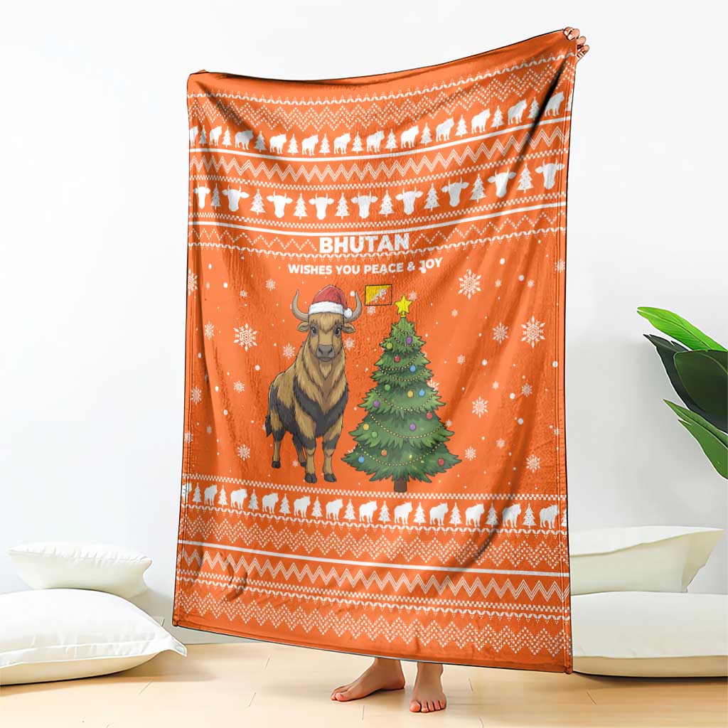 Bhutan Christmas Blanket with Takin Santa Hat Christmas Tree and Snowflake Pattern in Orange - Wonder Print Shop