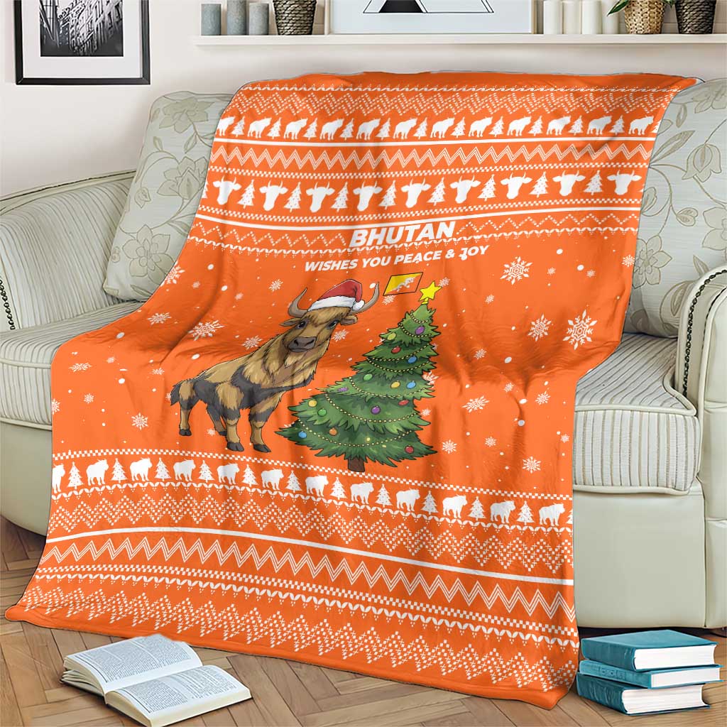 Bhutan Christmas Blanket with Takin Santa Hat Christmas Tree and Snowflake Pattern in Orange - Wonder Print Shop