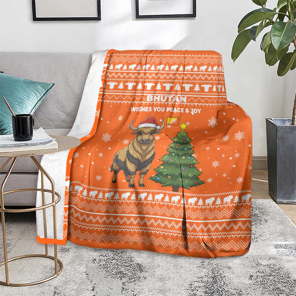 Bhutan Christmas Blanket with Takin Santa Hat Christmas Tree and Snowflake Pattern in Orange - Wonder Print Shop