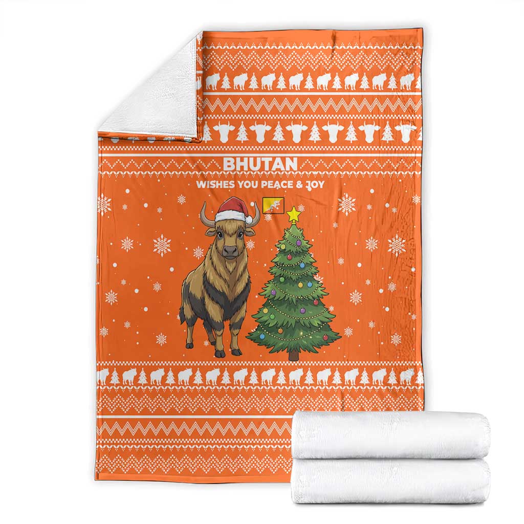 Bhutan Christmas Blanket with Takin Santa Hat Christmas Tree and Snowflake Pattern in Orange - Wonder Print Shop