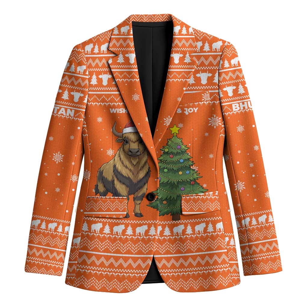 Bhutan Christmas Blazer with Takin Santa Hat Christmas Tree and Snowflake Pattern in Orange - Wonder Print Shop