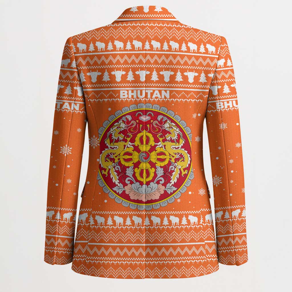 Bhutan Christmas Blazer with Takin Santa Hat Christmas Tree and Snowflake Pattern in Orange - Wonder Print Shop