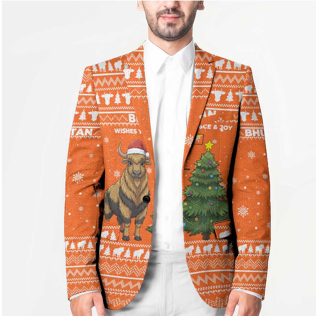 Bhutan Christmas Blazer with Takin Santa Hat Christmas Tree and Snowflake Pattern in Orange - Wonder Print Shop