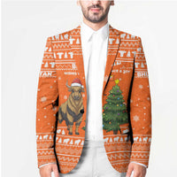 Bhutan Christmas Blazer with Takin Santa Hat Christmas Tree and Snowflake Pattern in Orange - Wonder Print Shop