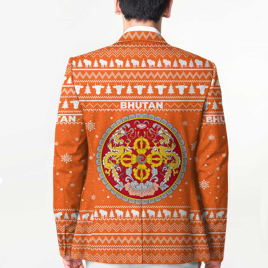 Bhutan Christmas Blazer with Takin Santa Hat Christmas Tree and Snowflake Pattern in Orange - Wonder Print Shop