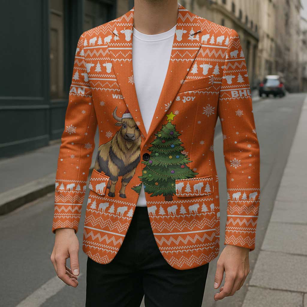 Bhutan Christmas Blazer with Takin Santa Hat Christmas Tree and Snowflake Pattern in Orange - Wonder Print Shop