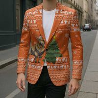 Bhutan Christmas Blazer with Takin Santa Hat Christmas Tree and Snowflake Pattern in Orange - Wonder Print Shop