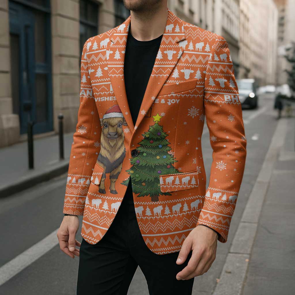 Bhutan Christmas Blazer with Takin Santa Hat Christmas Tree and Snowflake Pattern in Orange - Wonder Print Shop
