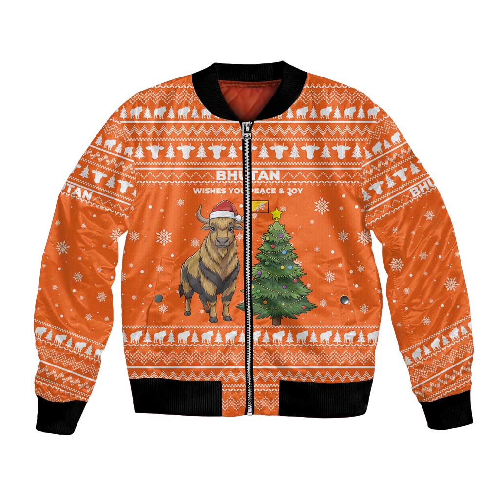 Bhutan Christmas Bomber Jacket with Takin Santa Hat Christmas Tree and Snowflake Pattern in Orange - Wonder Print Shop