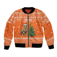 Bhutan Christmas Bomber Jacket with Takin Santa Hat Christmas Tree and Snowflake Pattern in Orange - Wonder Print Shop