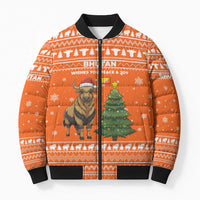 Bhutan Christmas Bomber Puffer Jacket with Takin Santa Hat Christmas Tree and Snowflake Pattern in Orange - Wonder Print Shop