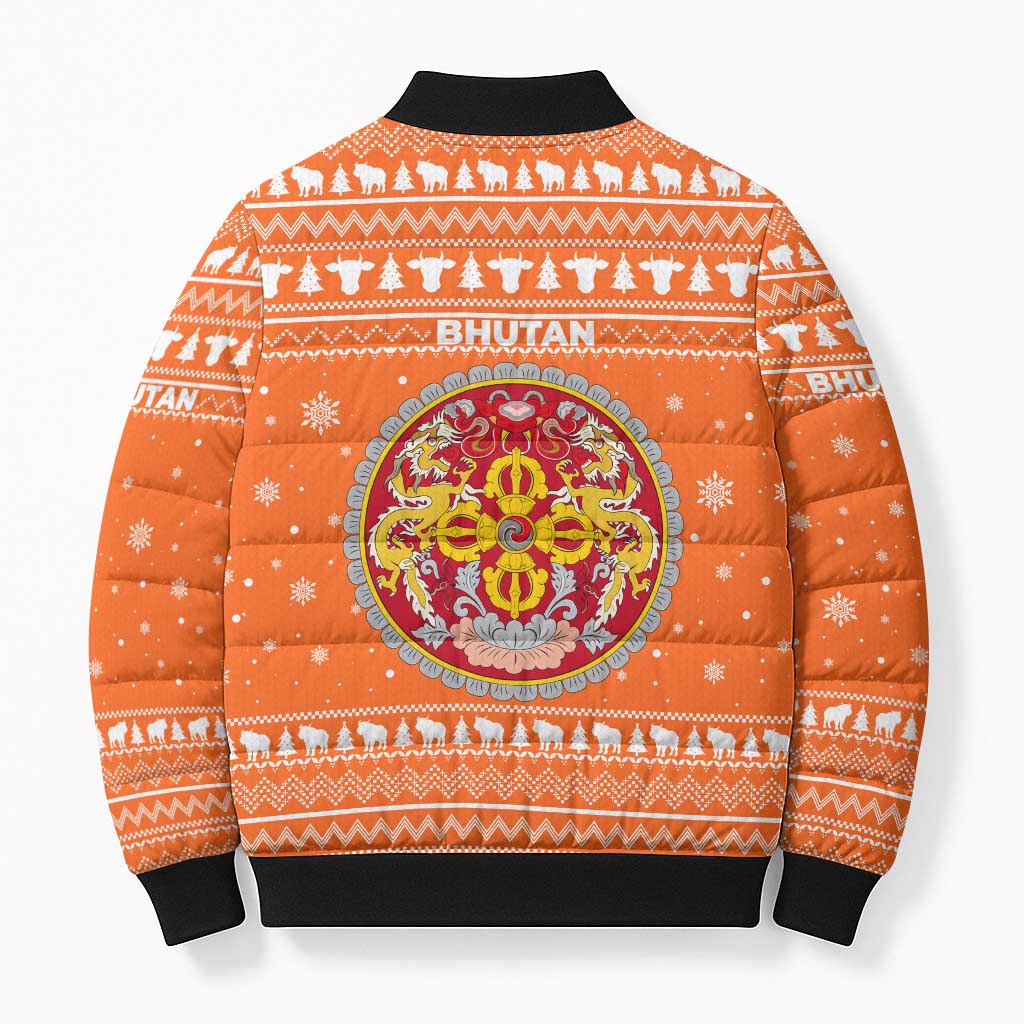 Bhutan Christmas Bomber Puffer Jacket with Takin Santa Hat Christmas Tree and Snowflake Pattern in Orange - Wonder Print Shop