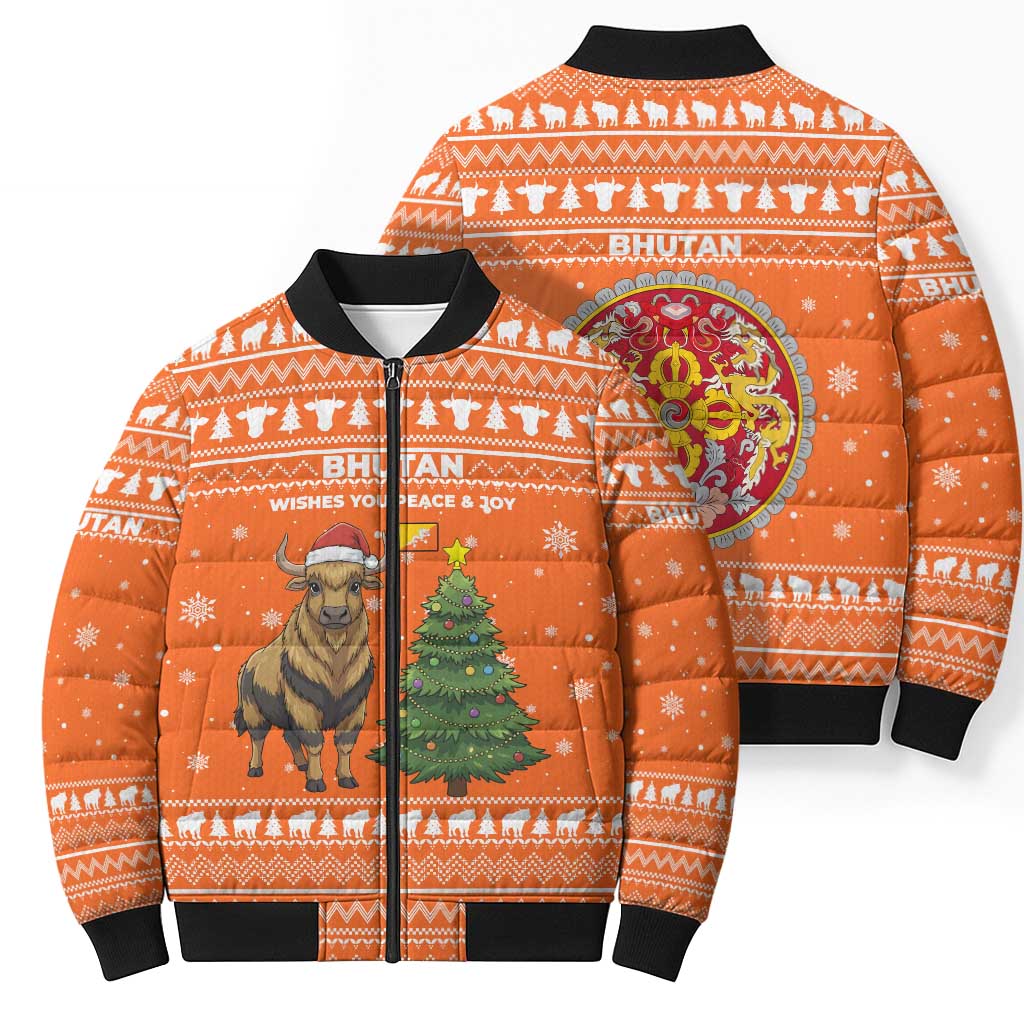 Bhutan Christmas Bomber Puffer Jacket with Takin Santa Hat Christmas Tree and Snowflake Pattern in Orange - Wonder Print Shop