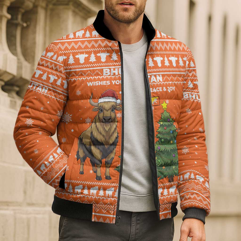 Bhutan Christmas Bomber Puffer Jacket with Takin Santa Hat Christmas Tree and Snowflake Pattern in Orange - Wonder Print Shop