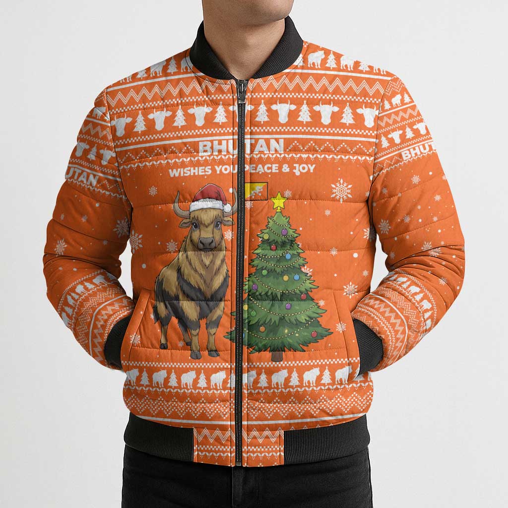 Bhutan Christmas Bomber Puffer Jacket with Takin Santa Hat Christmas Tree and Snowflake Pattern in Orange - Wonder Print Shop
