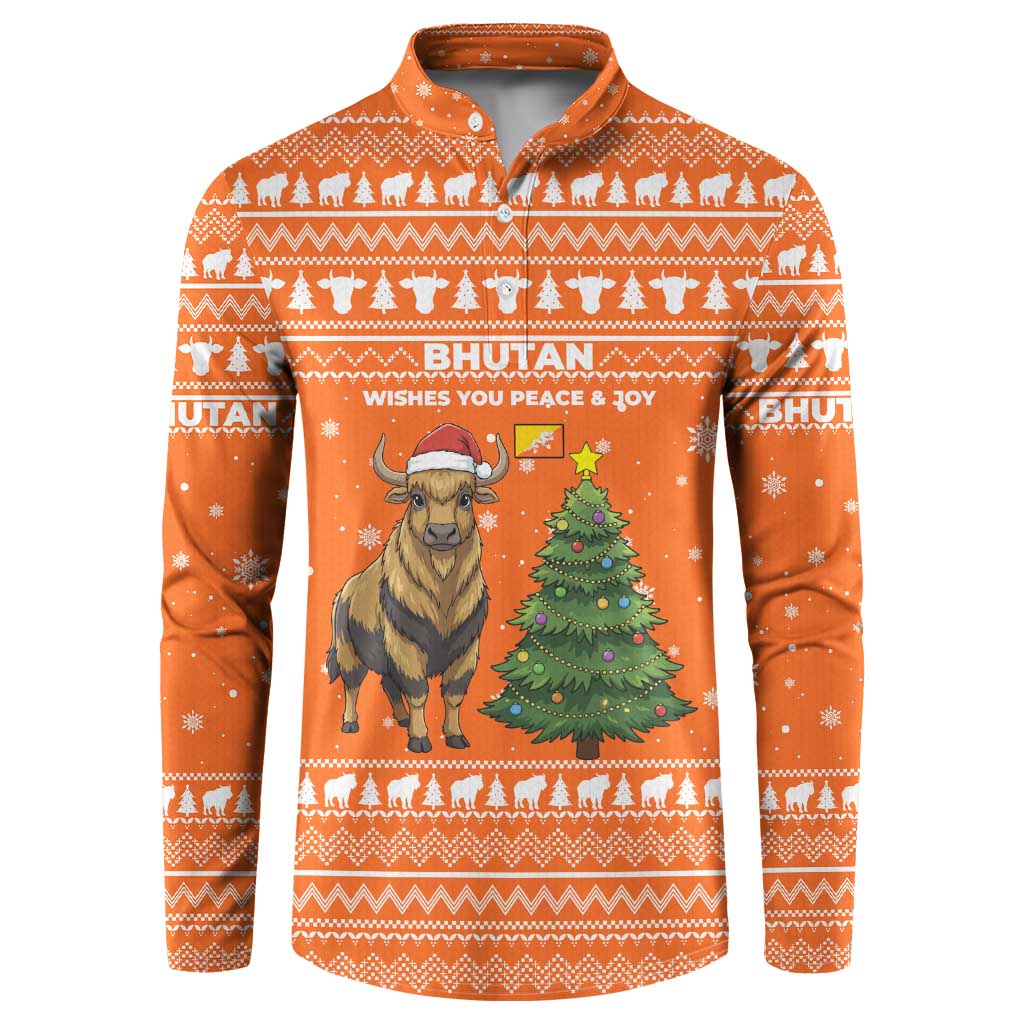 Bhutan Christmas Button Sweatshirt with Takin Santa Hat Christmas Tree and Snowflake Pattern in Orange - Wonder Print Shop
