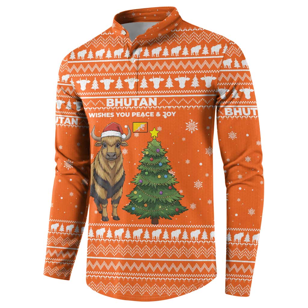 Bhutan Christmas Button Sweatshirt with Takin Santa Hat Christmas Tree and Snowflake Pattern in Orange - Wonder Print Shop