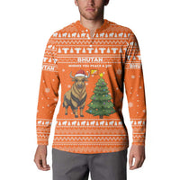 Bhutan Christmas Button Sweatshirt with Takin Santa Hat Christmas Tree and Snowflake Pattern in Orange - Wonder Print Shop