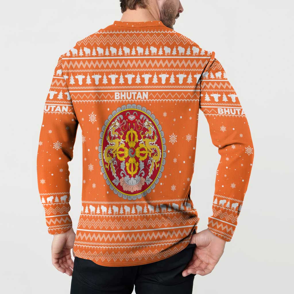 Bhutan Christmas Button Sweatshirt with Takin Santa Hat Christmas Tree and Snowflake Pattern in Orange - Wonder Print Shop