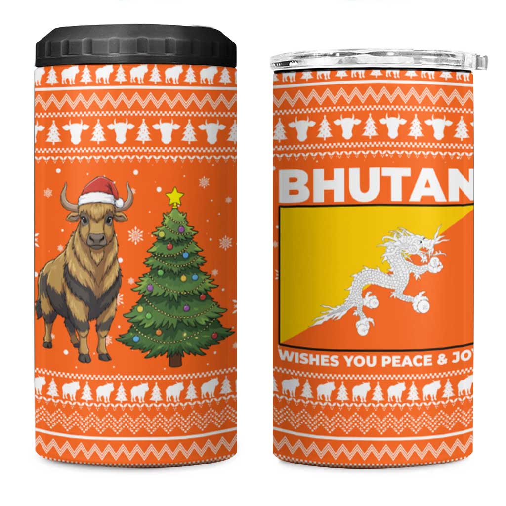Bhutan Christmas 4 in 1 Can Cooler Tumbler with Takin Santa Hat Christmas Tree and Snowflake Pattern in Orange - Wonder Print Shop