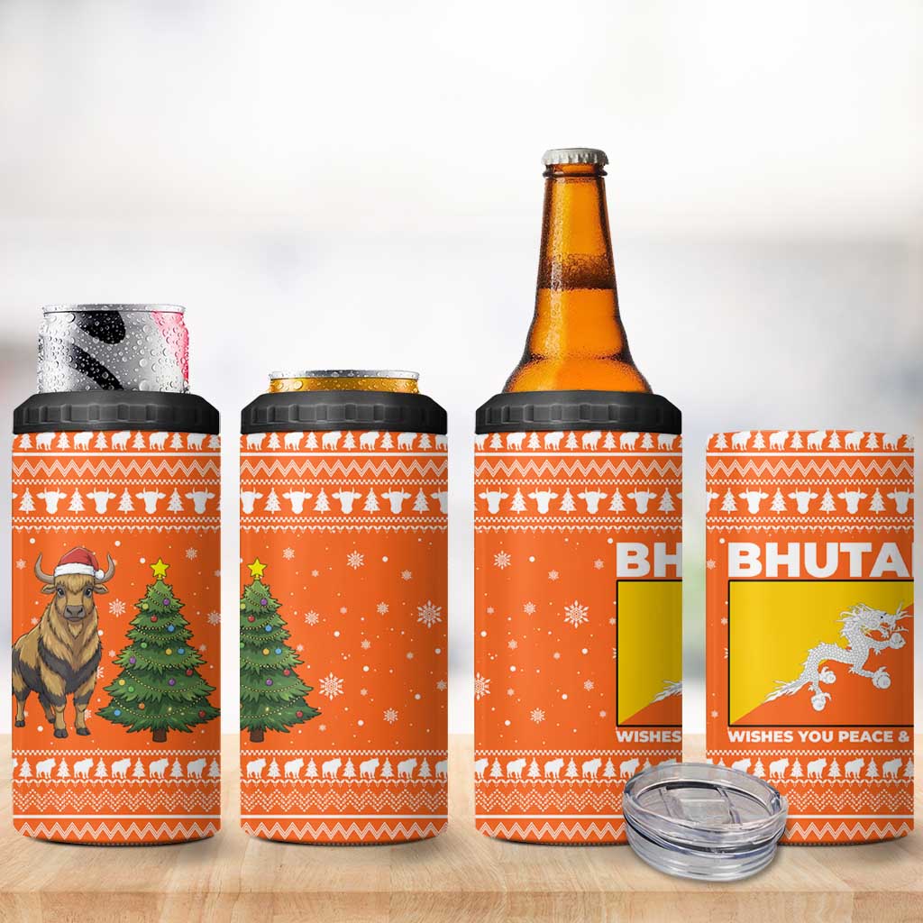 Bhutan Christmas 4 in 1 Can Cooler Tumbler with Takin Santa Hat Christmas Tree and Snowflake Pattern in Orange - Wonder Print Shop