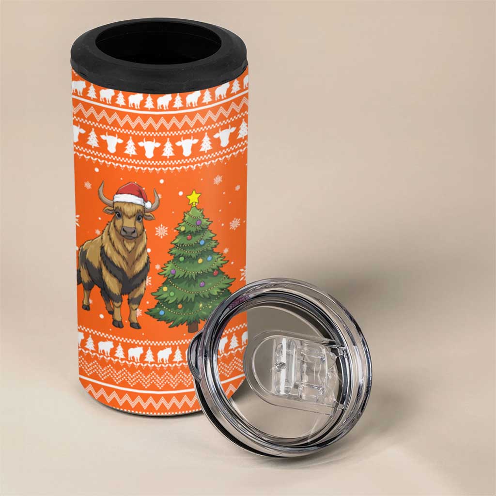 Bhutan Christmas 4 in 1 Can Cooler Tumbler with Takin Santa Hat Christmas Tree and Snowflake Pattern in Orange - Wonder Print Shop