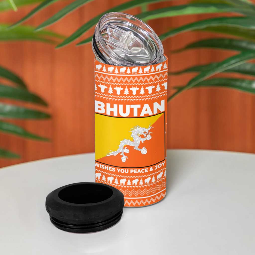 Bhutan Christmas 4 in 1 Can Cooler Tumbler with Takin Santa Hat Christmas Tree and Snowflake Pattern in Orange - Wonder Print Shop