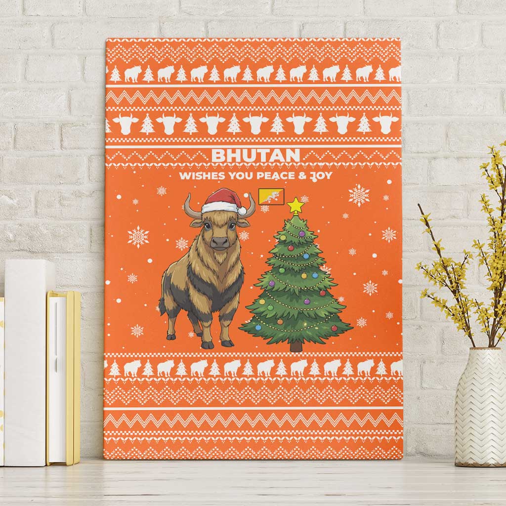 Bhutan Christmas Canvas Wall Art with Takin Santa Hat Christmas Tree and Snowflake Pattern in Orange - Wonder Print Shop