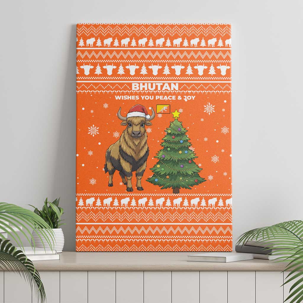 Bhutan Christmas Canvas Wall Art with Takin Santa Hat Christmas Tree and Snowflake Pattern in Orange - Wonder Print Shop
