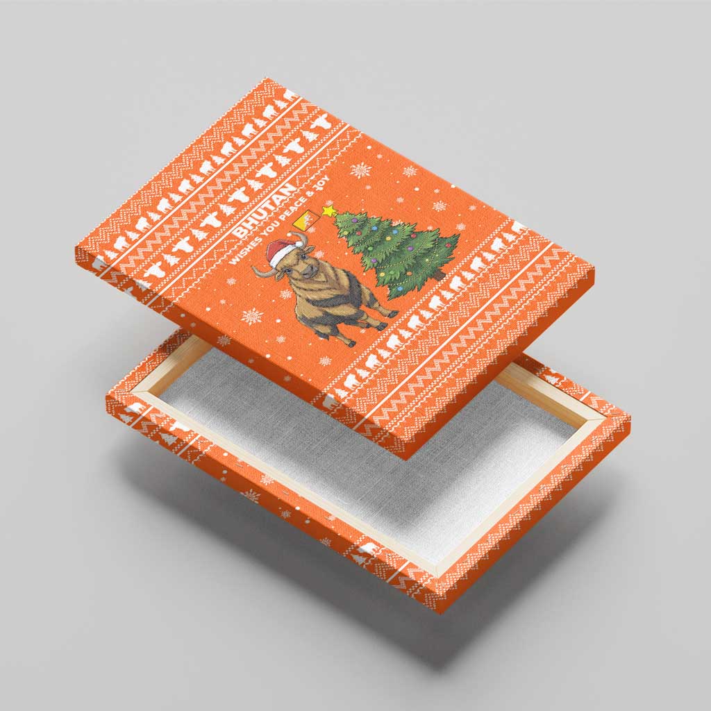 Bhutan Christmas Canvas Wall Art with Takin Santa Hat Christmas Tree and Snowflake Pattern in Orange - Wonder Print Shop