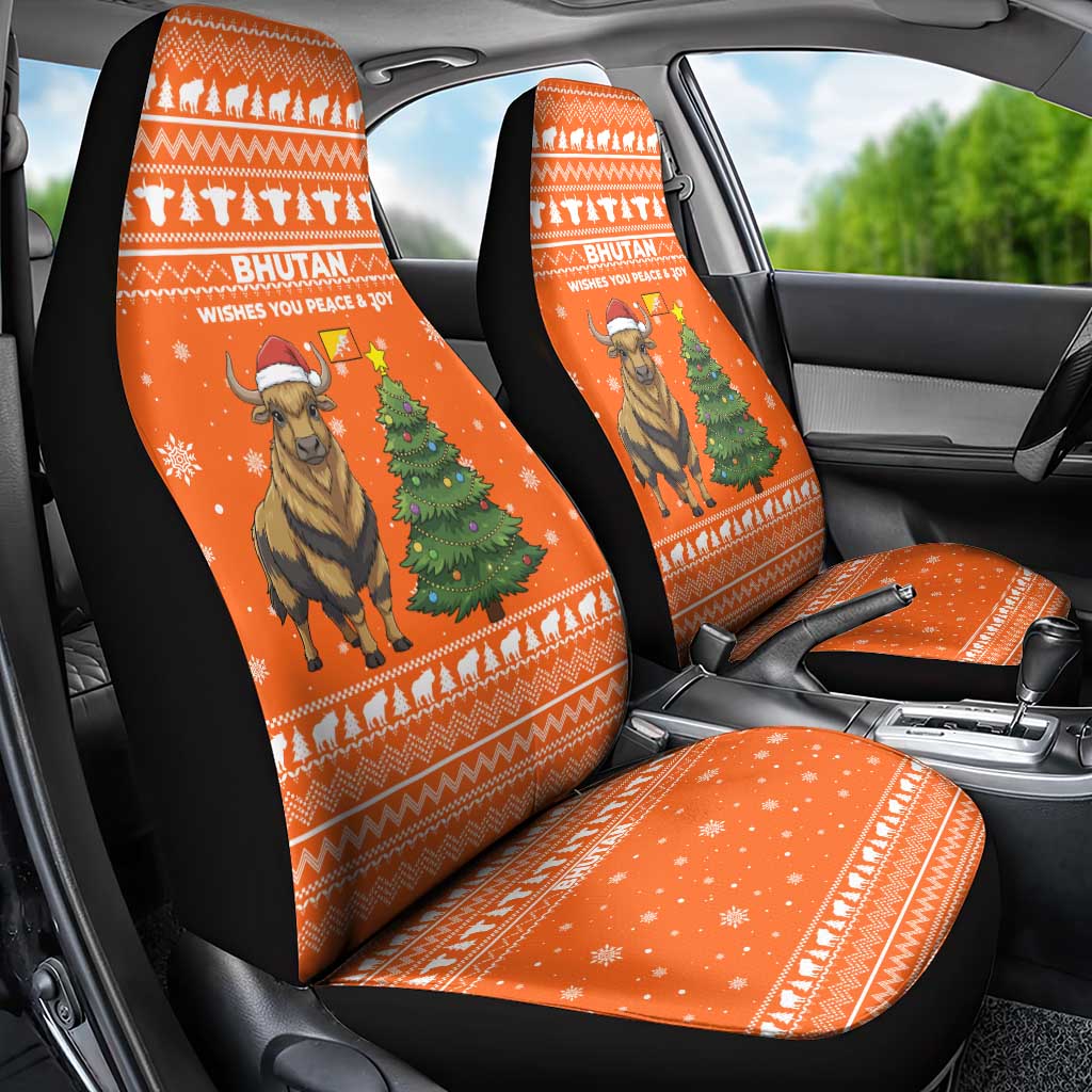 Bhutan Christmas Car Seat Cover with Takin Santa Hat Christmas Tree and Snowflake Pattern in Orange - Wonder Print Shop