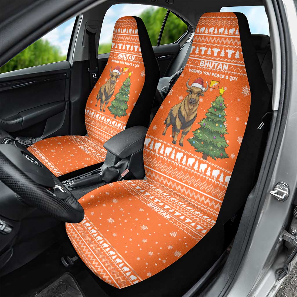 Bhutan Christmas Car Seat Cover with Takin Santa Hat Christmas Tree and Snowflake Pattern in Orange - Wonder Print Shop