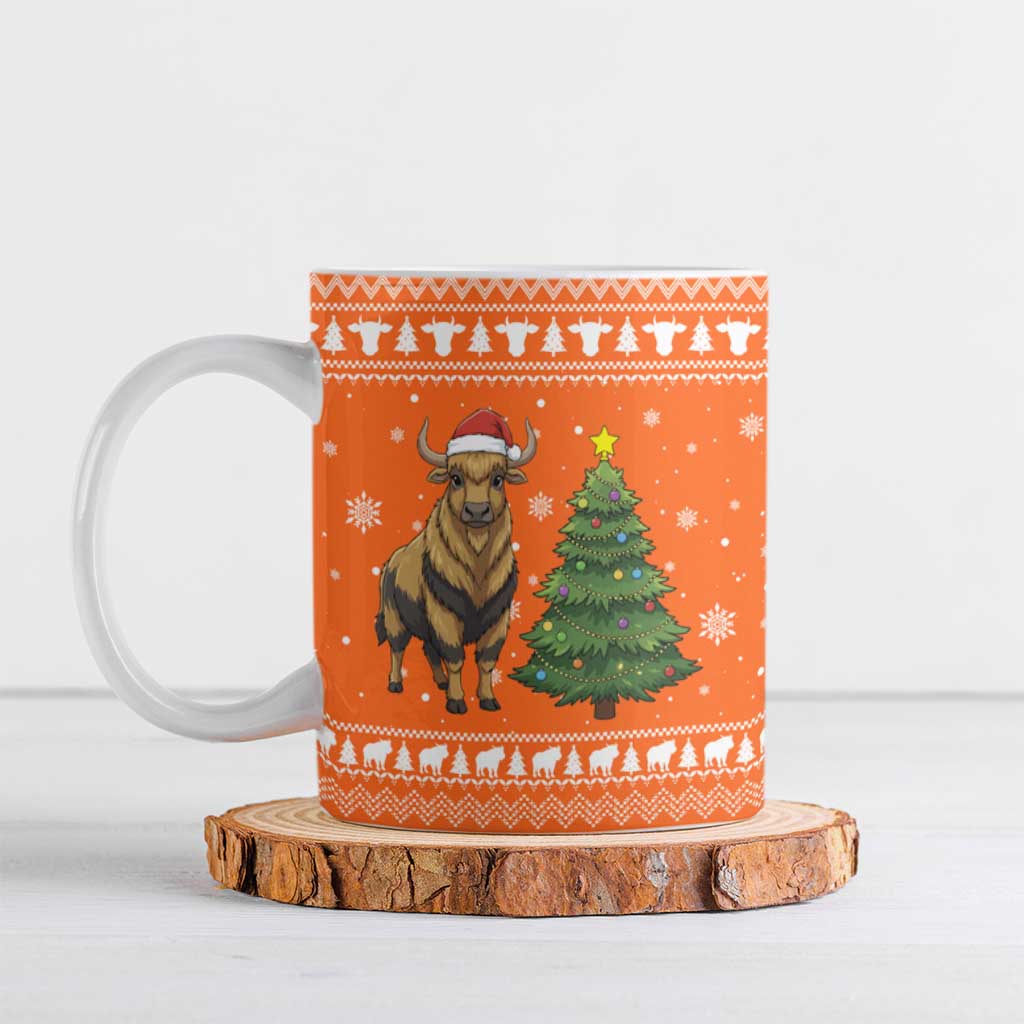 Bhutan Christmas Ceramic Mug with Takin Santa Hat Christmas Tree and Snowflake Pattern in Orange - Wonder Print Shop
