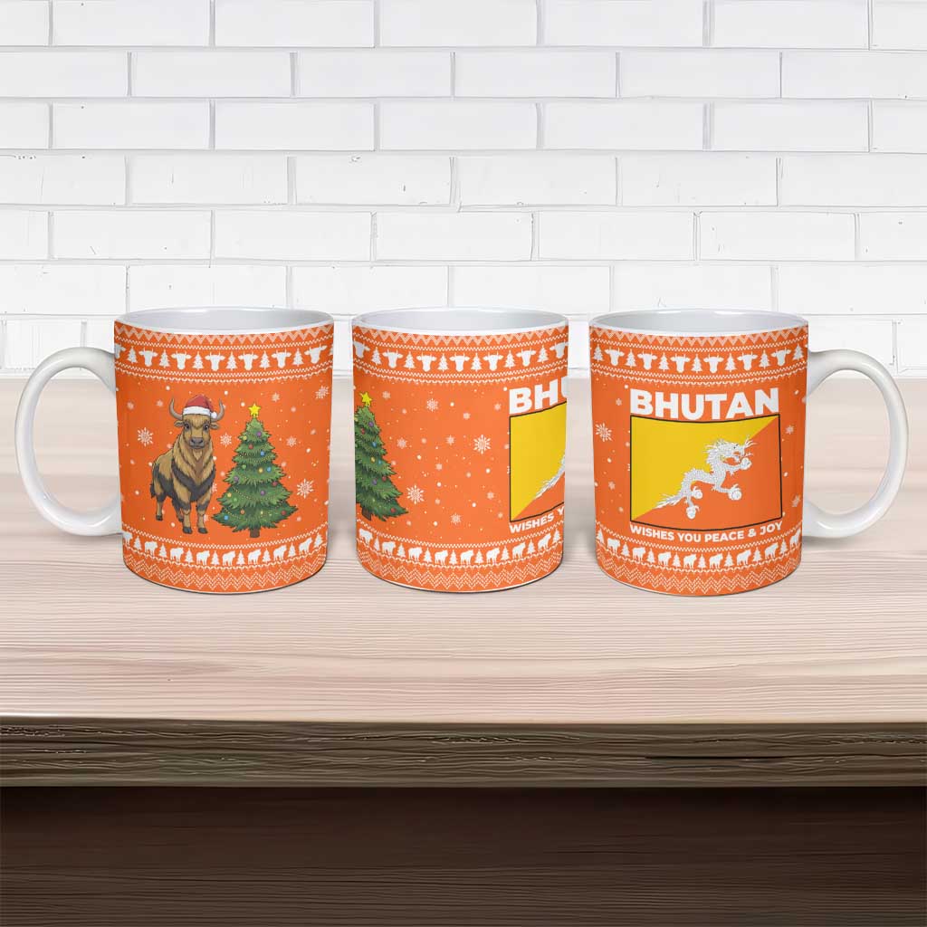 Bhutan Christmas Ceramic Mug with Takin Santa Hat Christmas Tree and Snowflake Pattern in Orange - Wonder Print Shop