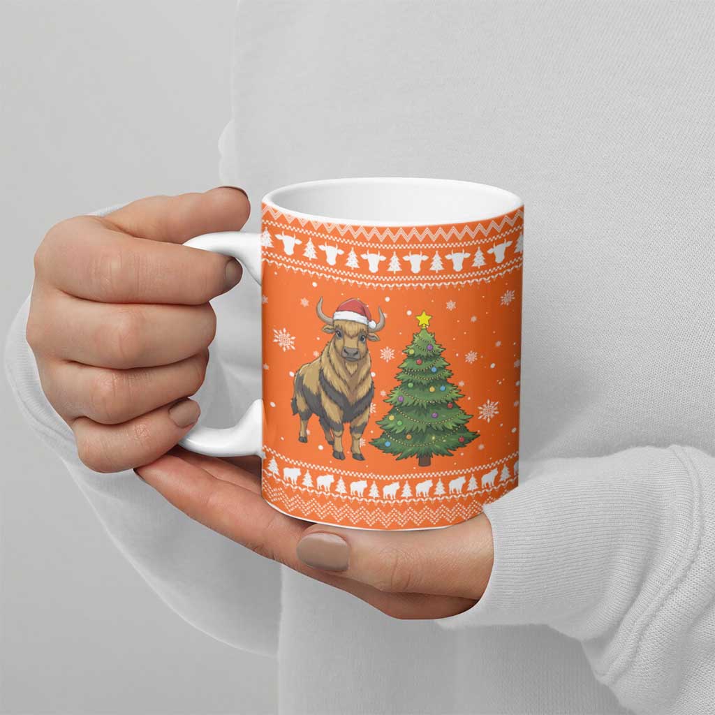 Bhutan Christmas Ceramic Mug with Takin Santa Hat Christmas Tree and Snowflake Pattern in Orange - Wonder Print Shop