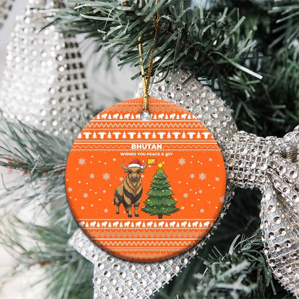 Bhutan Christmas Ceramic Ornament with Takin Santa Hat Christmas Tree and Snowflake Pattern in Orange - Wonder Print Shop