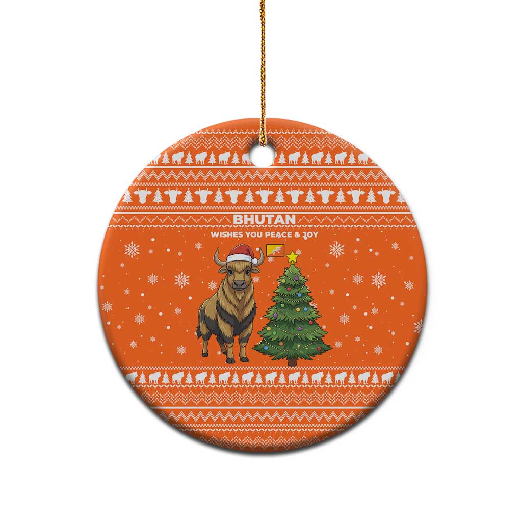 Bhutan Christmas Ceramic Ornament with Takin Santa Hat Christmas Tree and Snowflake Pattern in Orange - Wonder Print Shop