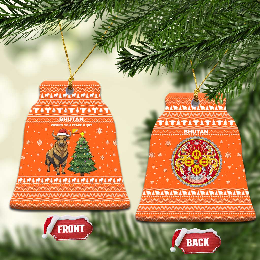 Bhutan Christmas Ceramic Ornament with Takin Santa Hat Christmas Tree and Snowflake Pattern in Orange - Wonder Print Shop