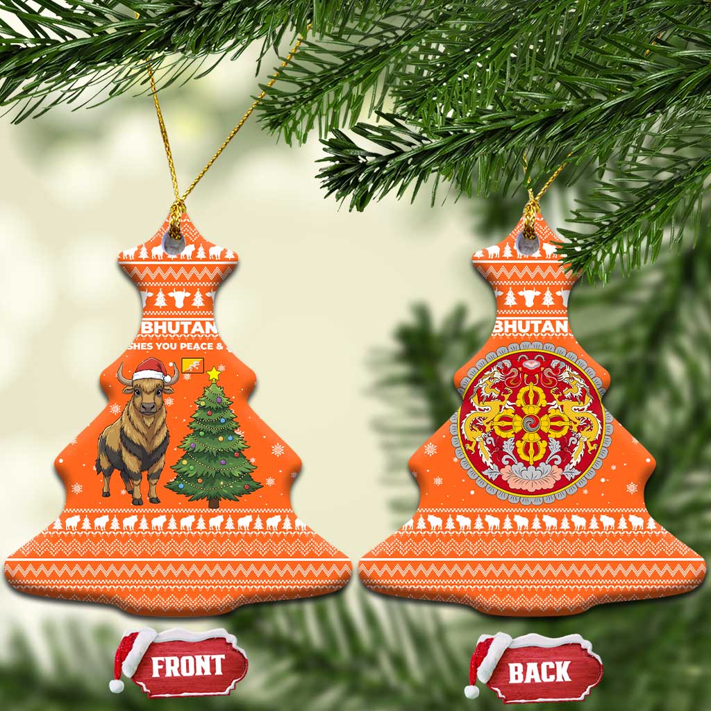 Bhutan Christmas Ceramic Ornament with Takin Santa Hat Christmas Tree and Snowflake Pattern in Orange - Wonder Print Shop