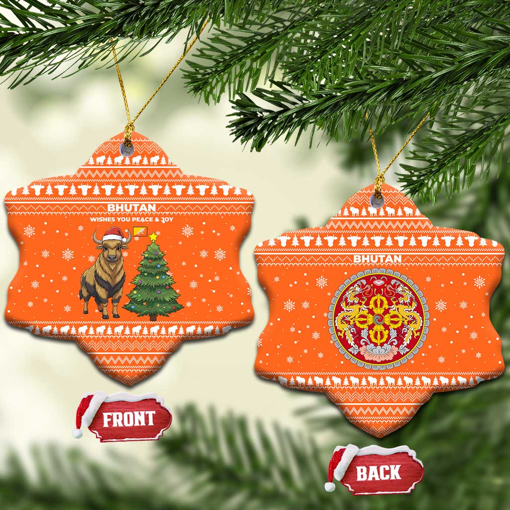 Bhutan Christmas Ceramic Ornament with Takin Santa Hat Christmas Tree and Snowflake Pattern in Orange - Wonder Print Shop