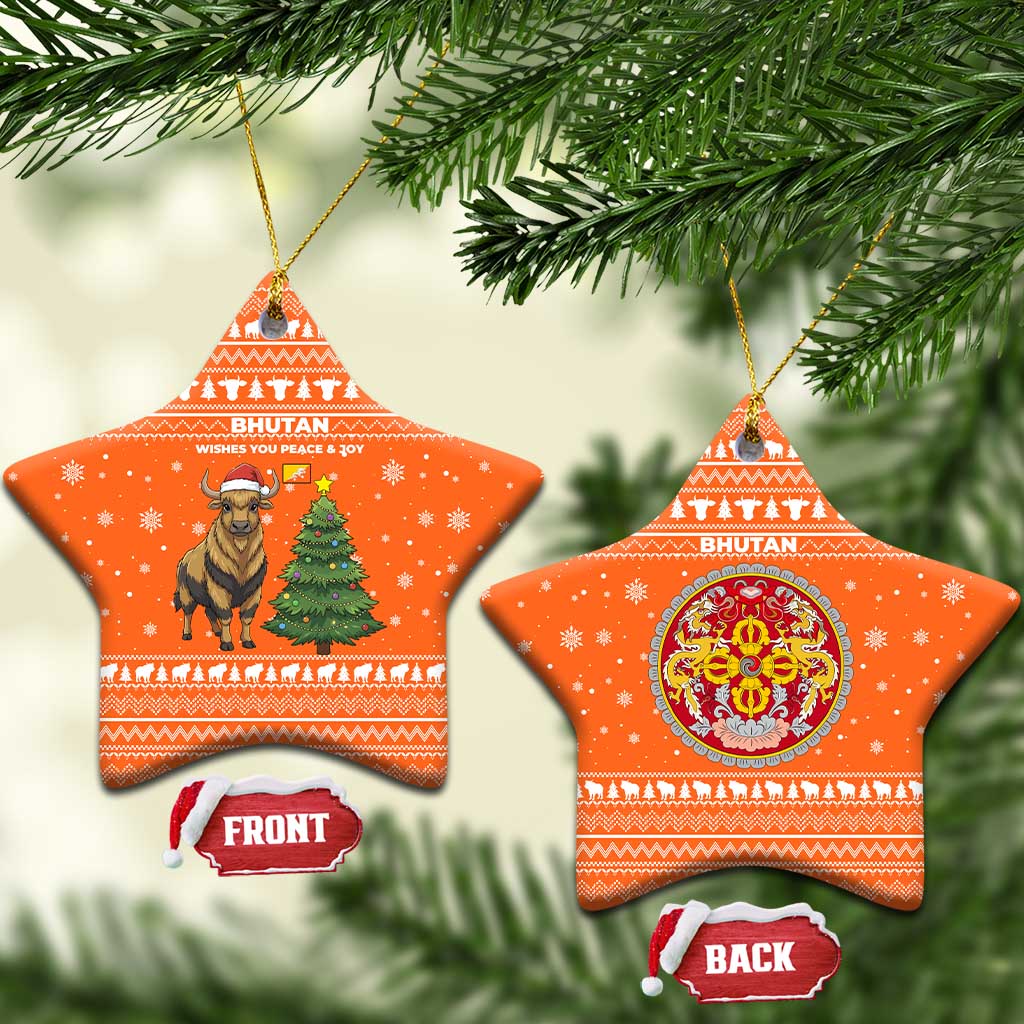 Bhutan Christmas Ceramic Ornament with Takin Santa Hat Christmas Tree and Snowflake Pattern in Orange - Wonder Print Shop