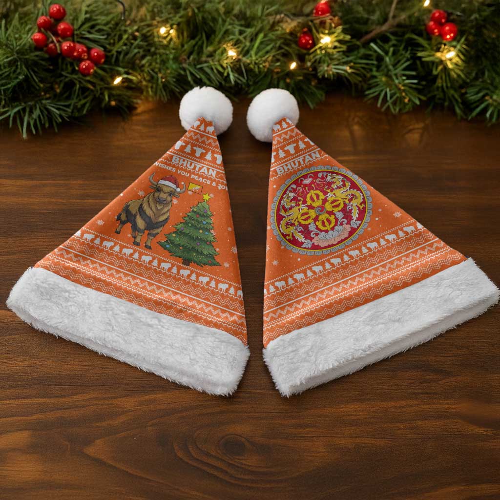 Bhutan Christmas Santa Hat with Takin Santa Hat Christmas Tree and Snowflake Pattern in Orange - Wonder Print Shop