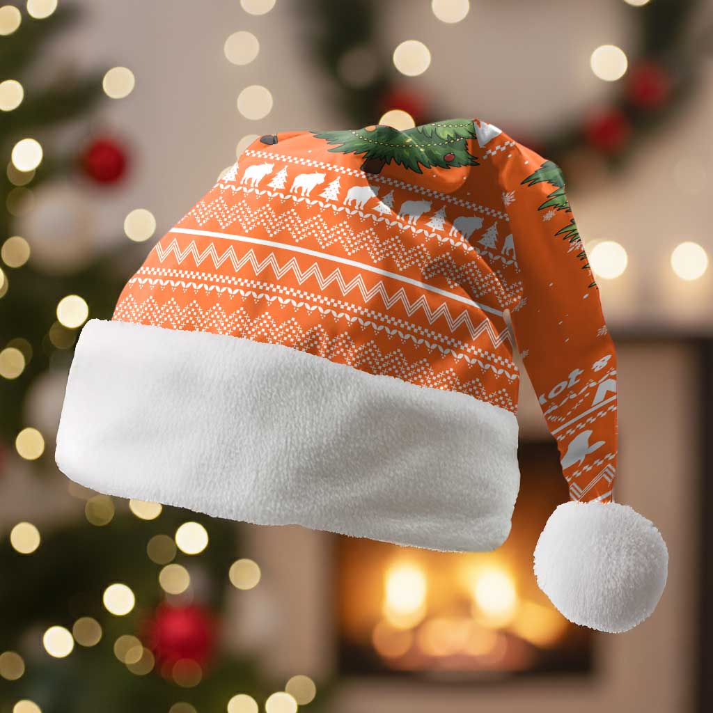 Bhutan Christmas Santa Hat with Takin Santa Hat Christmas Tree and Snowflake Pattern in Orange - Wonder Print Shop