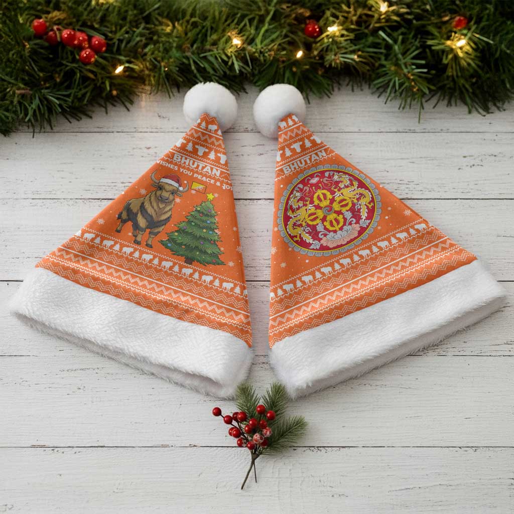 Bhutan Christmas Santa Hat with Takin Santa Hat Christmas Tree and Snowflake Pattern in Orange - Wonder Print Shop