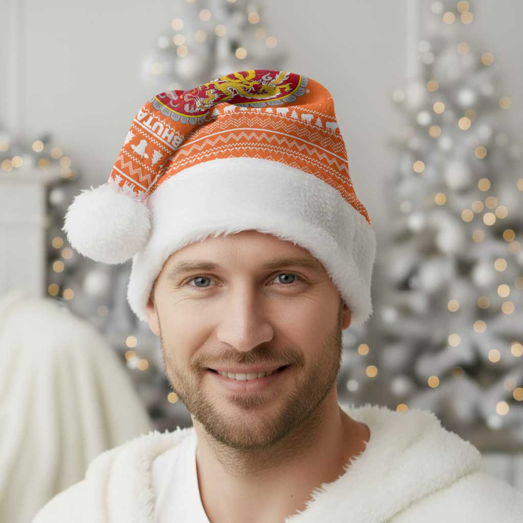 Bhutan Christmas Santa Hat with Takin Santa Hat Christmas Tree and Snowflake Pattern in Orange - Wonder Print Shop